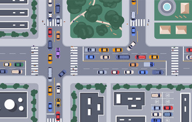 City traffic at road intersections, top down view. Busy urban crossroads with cars, auto transport, automobile vehicles, trucks, zebra, lanes and parking from overhead. Flat vector illustration.