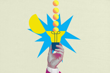 Contemporary artwork collage of hand hold dollar coin savings light bulb idea finding success money...