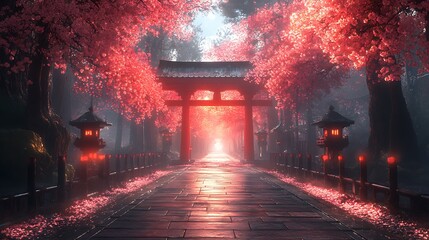 Serene japanese garden path lined with cherry blossoms and traditional torii gate