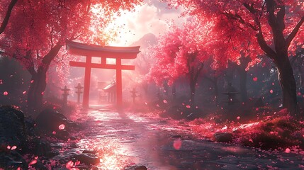 Serene japanese temple scene with cherry blossoms and atmospheric lighting in a high resolution image