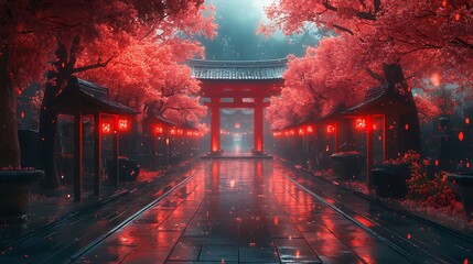 Serene japanese torii gate pathway lined with crimson trees and lanterns in high resolution image