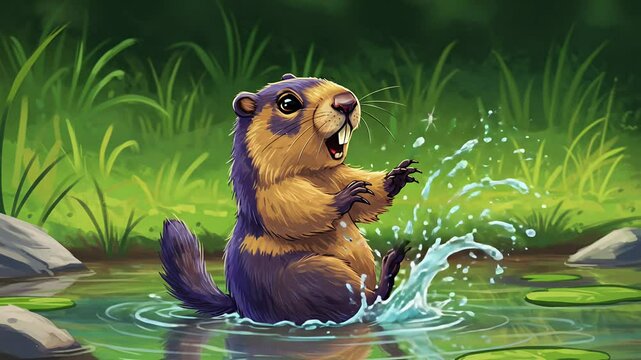 Happy beaver splishing water
