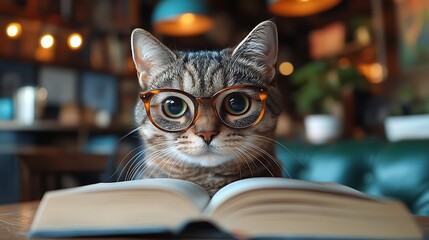 Smart cat with glasses reading a book in a cozy cafe setting