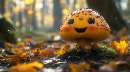 Smiling cartoon mushroom in a forest with autumn leaves and a high resolution image