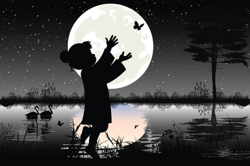 Cute Girl And Moon Silhouette
