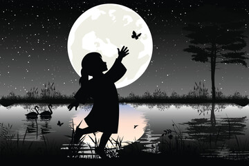 Cute Girl And Moon Silhouette