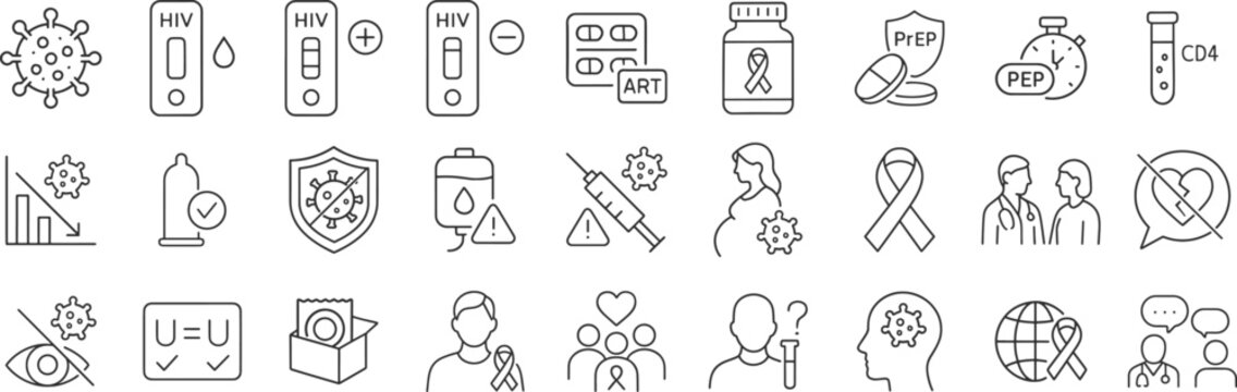 HIV medical AIDS line icon set. Vector pictograms of virus, positive, negative, medication, ribbon, doctor, support, protection, healthcare, tablet, capsule, test, thin linear illustration.