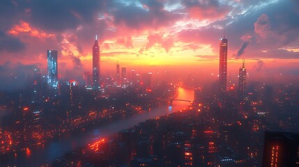 Spectacular aerial view of a modern city skyline bathed in a vibrant sunset glow