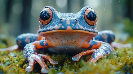 Striking close up portrait of a colorful tropical frog in its natural habitat