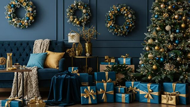 Room with blue walls, wreaths, gifts, sofa, side table, and a Christmas tree