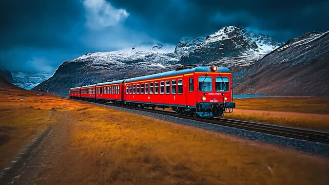 Red Train Journey Through Majestic Mountains