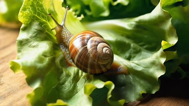 a snail is crowling on a leaf of a green lettuce