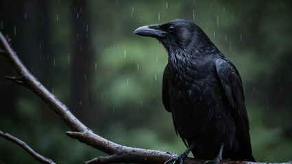 Fototapeta premium Majestic Black Raven Perched on a Branch During a Rainy Forest Day, Rain droplets can be seen, adding a serene and melancholic atmosphere to the natural scene.