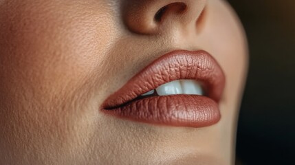 Close-up Of A Woman s Lips With Brown Lipstick. Beauty, Fashion, And Cosmetics Concept.