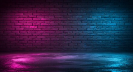 Brick wall background with neon lights pink and blue for product photography and video studio backdrop 100