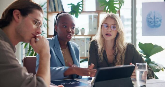 Planning, tablet and business people in office, cooperation and feedback for creative project. Connection, employees and web design agency with tech, brainstorming or ideas for proposal or internet