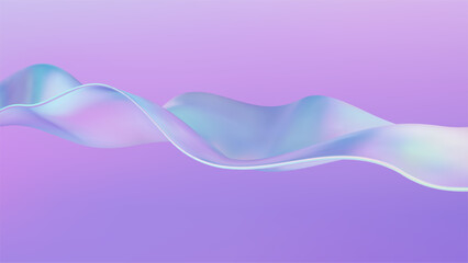 3D wave abstract liquid background with glass ribbon fluid shapes. Blue gradient holographic elements swirl with iridescent flow and neon light. Transparent flying objects create bright spectral