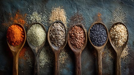 Various spices and seeds in wooden spoons for cooking and culinary use a colorful and flavorful collection