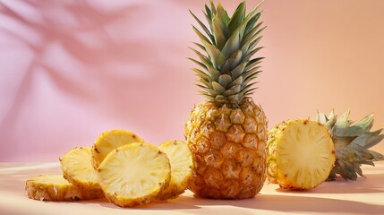 Fresh pineapple fruit slices and whole pineapple for healthy eating and tropical fruit background ideas
