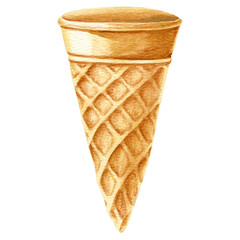 Hand drawn watercolor illustration of waffle cone for ice cream and deserts. 