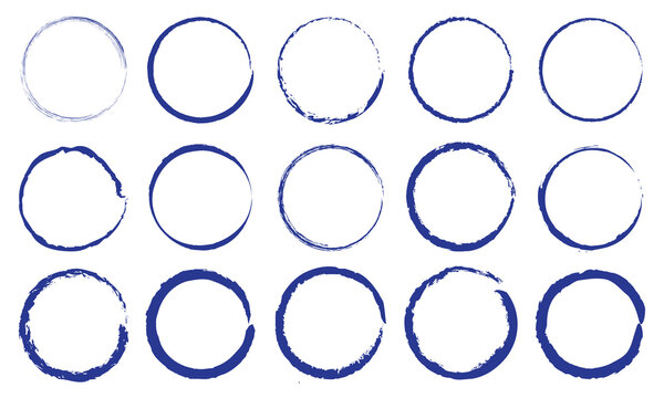 Hand drawn blue line circle sketch set. Doodle circles collection. Scribble round shape. Banner circle frames for text. Vector blue brush strokes circles of paint on white background.