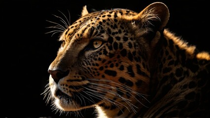 Obraz premium The close-up portrait of a leopard expresses beauty and strength against a dark backdrop, showcasing its patterns and piercing gaze.