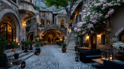 Retro buildings, town or city vintage house architecture with cafe and store showcase on ground floor. Dwelling construction, antique stone cottages front view. Housing exterior cartoon vector clipart