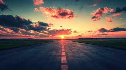 Naklejka premium Perspective view of an asphalt ramp leading into a blazing sunset horizon