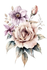 Obraz premium Vintage watercolor floral bouquet with dusty rose and beige flowers on dark leaves isolated on transparent background