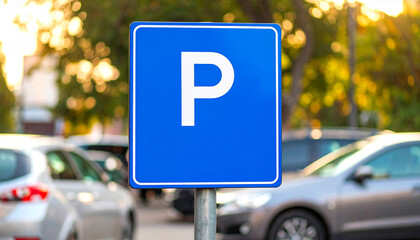 Blue metal city street parking sign, blurred cars in background. Urban car park space, traffic.