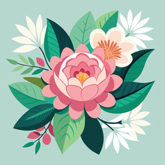 Vibrant pink and white floral bouquet illustration with lush green foliage