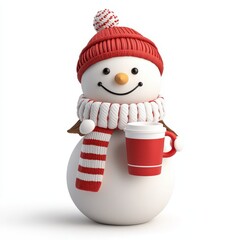 A cheerful snowman in a hat and scarf holds a warm coffee