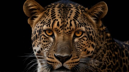 Naklejka premium Close-Up Portrait of a Leopard With Intense Gaze and Vibrant Fur. set against a stark contrasting black background.