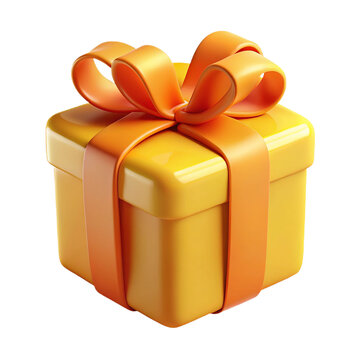 Glossy 3d render of a bright yellow gift box with an orange ribbon and bow