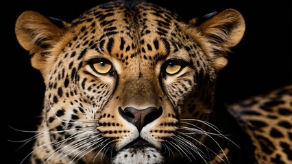 Fototapeta premium A captivating close-up image of a leopard showcasing its piercing eyes and detailed patterned fur, exuding confidence and the wild essence of nature