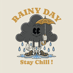 retro cartoon emblem of cute rain cloud mascot holding an umbrella