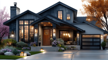 Naklejka premium Suburban and village private house with windows and doors, roof with chimney and garage. Cartoon vector illustration set of big family home exterior. Front view on modern country cottage or villa.