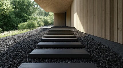 Modern minimalist home exterior; dark stone path leads to wooden structure, nestled in lush greenery