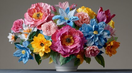 Obraz premium Colorful floral arrangement in vase, artificial flowers, flower bouquet, home decor, floral design, still life