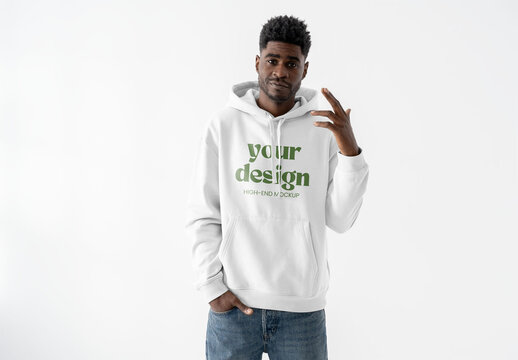 Mockup Of Man Wearing Customized Hoodie, Gesturing