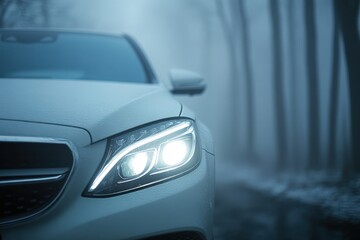 A white car is smoothly driving down a foggy road during the night