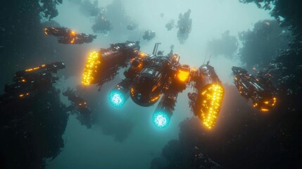 Futuristic spaceship fleet navigating a nebula, glowing engines and dark, rocky terrain