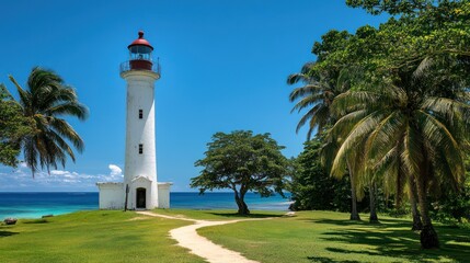 Coastal lighthouse, white tower, palm trees, ocean view, sunny day