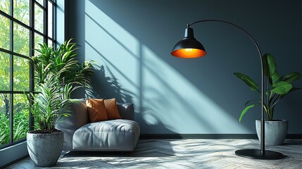Modern Living Room with Stylish Floor Lamp and Indoor Plants