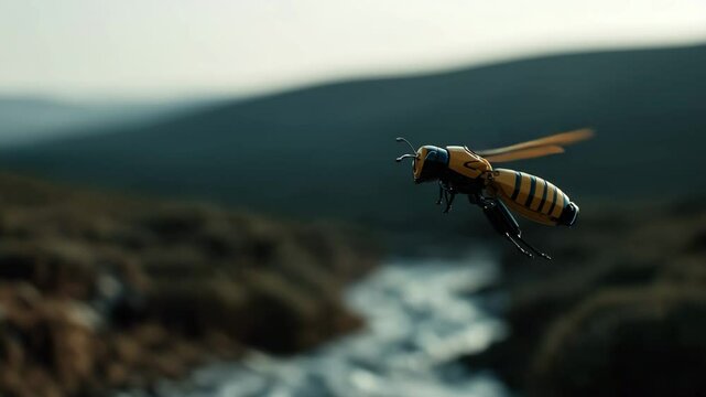 Futuristic Robotic Bee in Flight Over Scenic Landscape