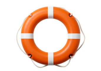 Orange life preserver floating ring with rope detail Isolated on transparent background