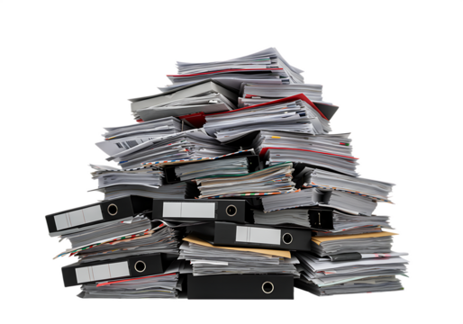 Overwhelming mountain of paperwork with ring binders representing the burden of bureaucracy Isolated on transparent background