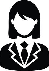 Simple black and white icon of a businesswoman wearing a suit and tie