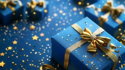Luxury blue gift boxes with gold bows and confetti