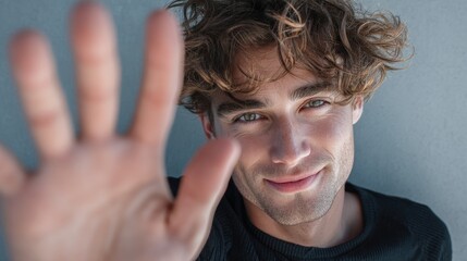 A cheerful young adult man with bright eyes extends his hand forward. His peaceful energy and calm smile shine from within.